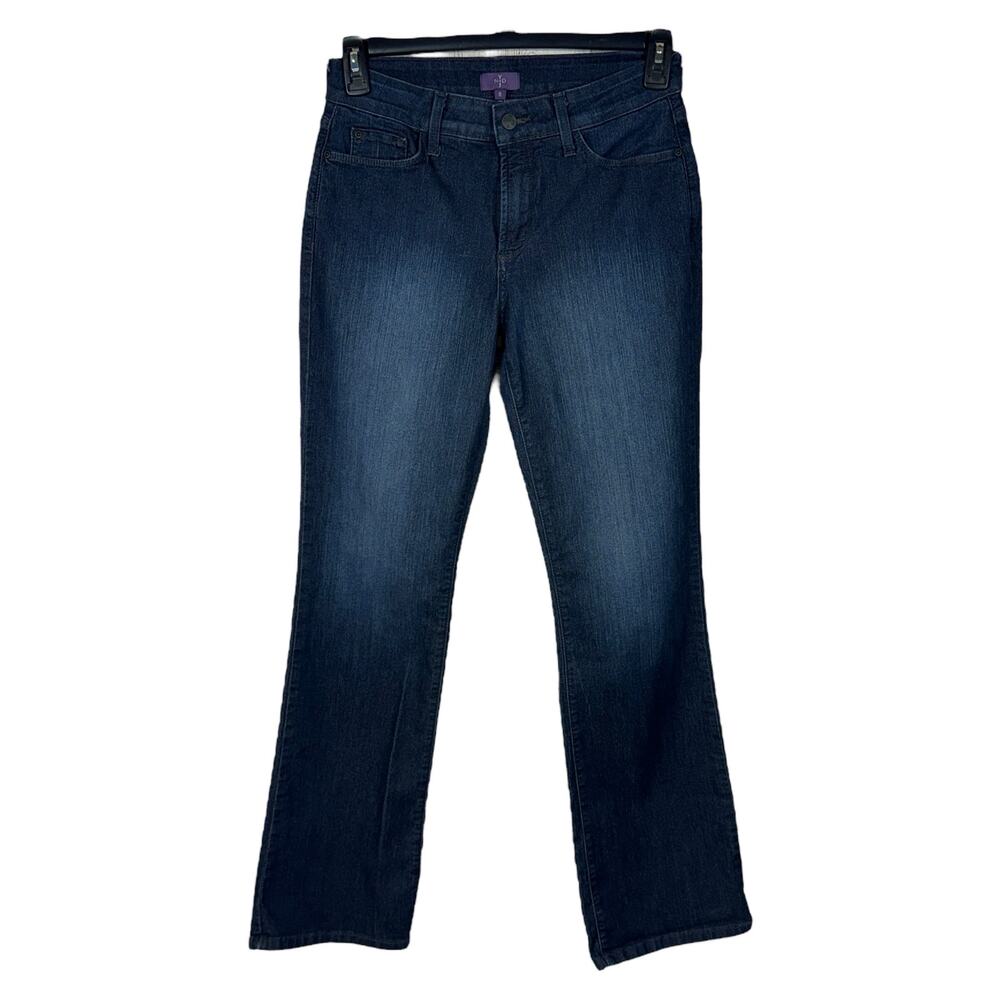 NYDJ SZ 8 Bootcut Jeans Stretch Mid-Rise Embroidered Rhinestones Zip Lift-Tuck